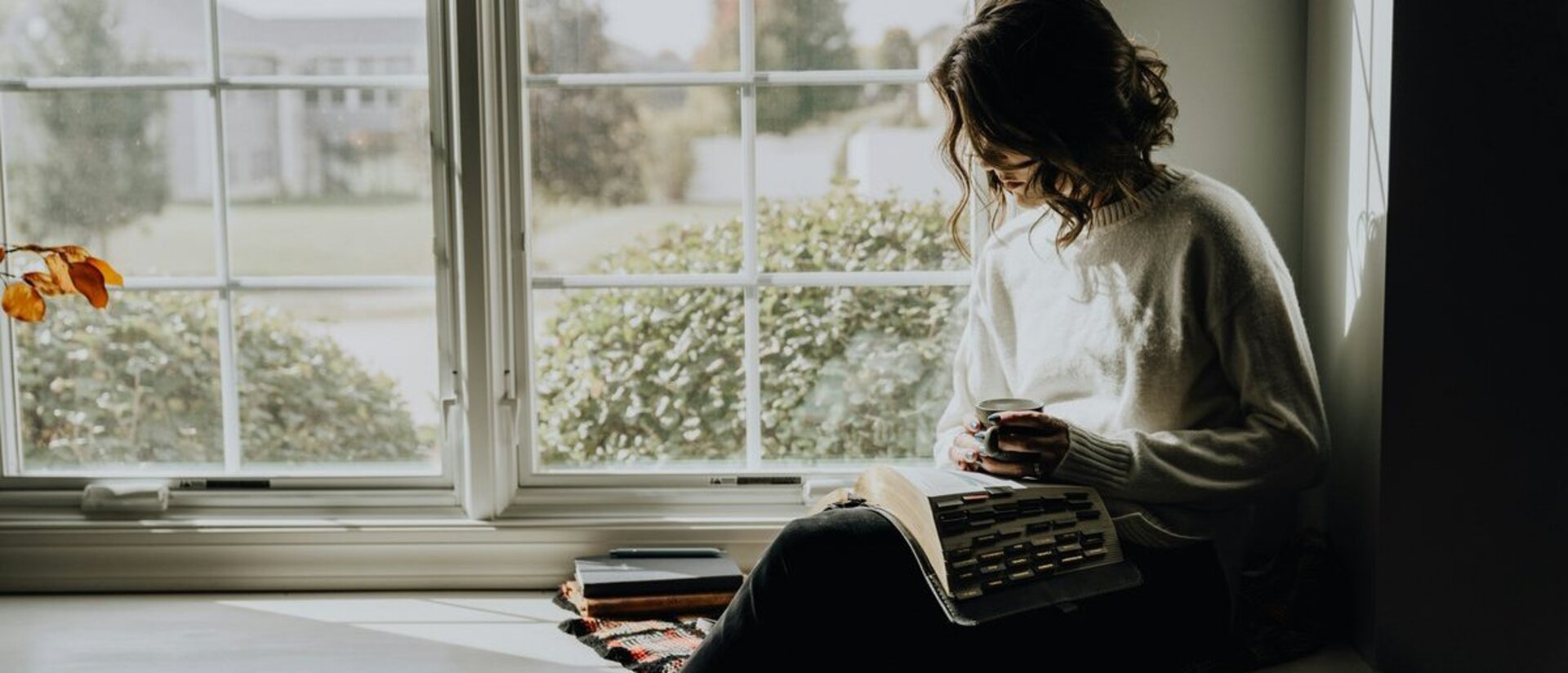 Eine Frau sitzt vor einem Fester. Es liegt ein Buch aufgeschlagen vor ihr. Der rechte Rand und der vordere Teil des Bildes ist sehr dunkel