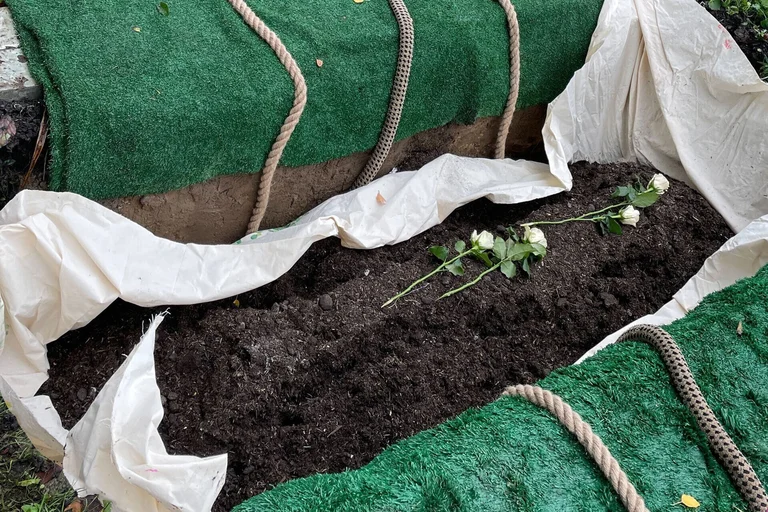 Ein offenes Grab mit einem weißem Tuch und dunkler Erde, darauf mehrere weiße Rosen